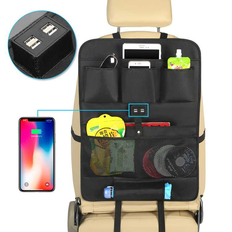 Car Seat Storage Pockets Hanging Bag Car with 4USB Charging Back Seat Storage Bag Car Computer Desk