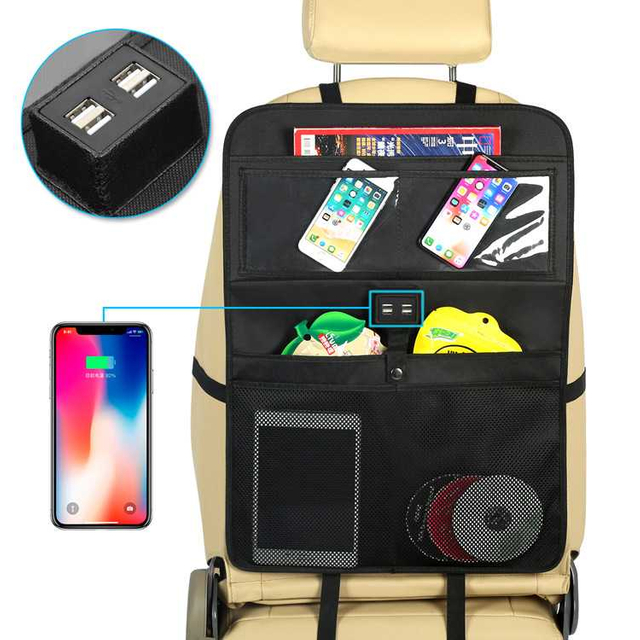 Car Seat Storage Pockets Hanging Bag Car with 4USB Charging Back Seat Storage Bag Car Computer Desk