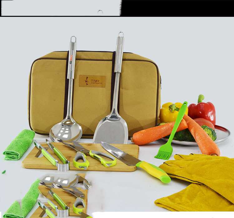 Outdoor Cookware Picnic Bag Set of 10 Stainless Steel Camping Cutlery Set Combination Portable Storage Multi-purpose Supplies