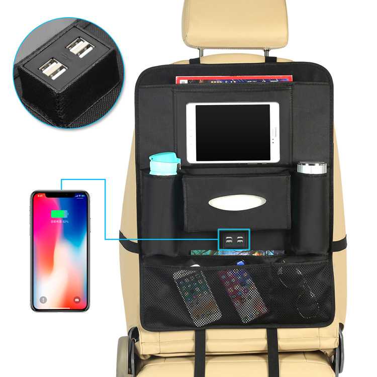 Car Seat Storage Pockets Hanging Bag Car with 4USB Charging Back Seat Storage Bag Car Computer Desk