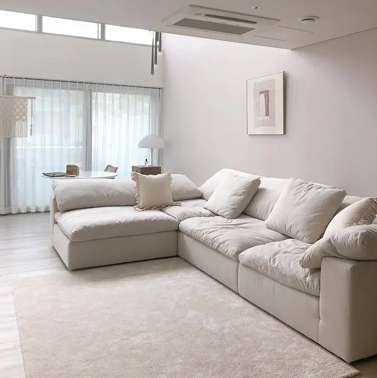 Living Room Sofa Set Furniture White Linen Feather Cream Beige Fabric l Shaped Corner Modular Couches Sectional Sofa