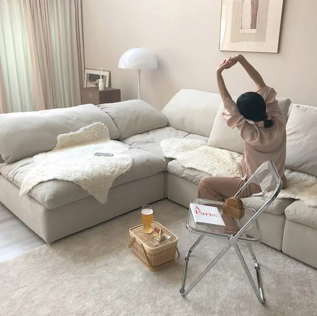 Living Room Sofa Set Furniture White Linen Feather Cream Beige Fabric l Shaped Corner Modular Couches Sectional Sofa