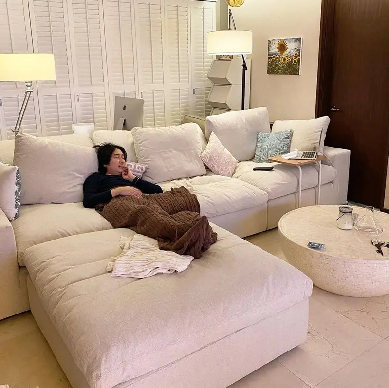 Living Room Sofa Set Furniture White Linen Feather Cream Beige Fabric l Shaped Corner Modular Couches Sectional Sofa