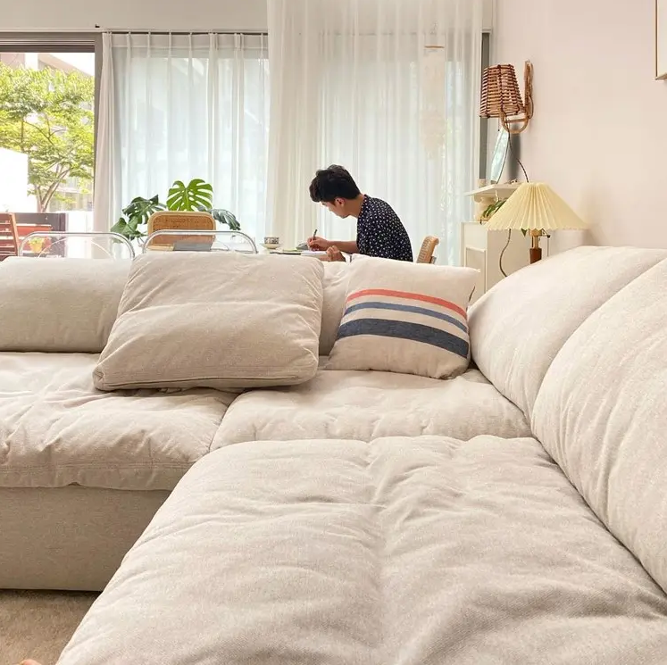 Sofa Set Furniture White Linen Feather Cream Beige Fabric l Shaped Corner Modular Couches Sectional Sofa