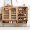 Living room entry doorway oak wood shoes storage cabinets with glass door