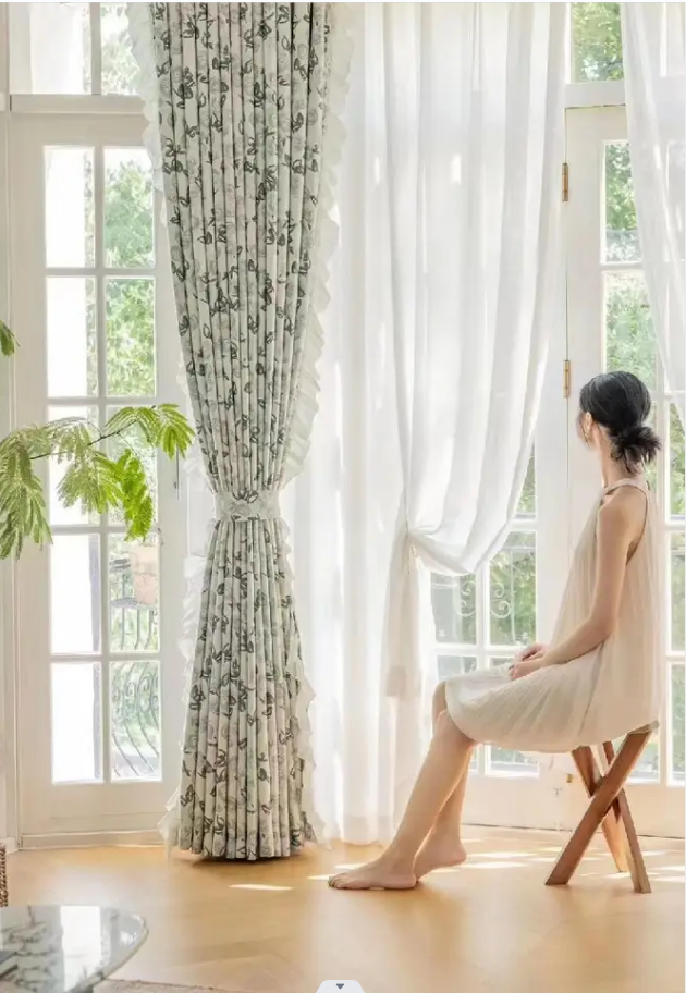 Rural style printed living room curtains, romantic white gauze curtains