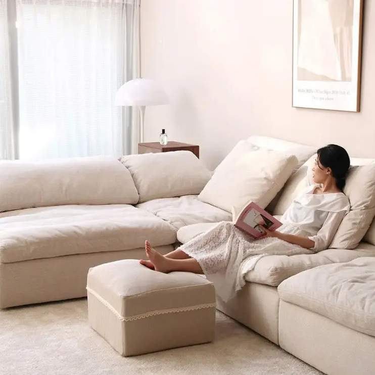 Sofa Set Furniture White Linen Feather Cream Beige Fabric l Shaped Corner Modular Couches Sectional Sofa